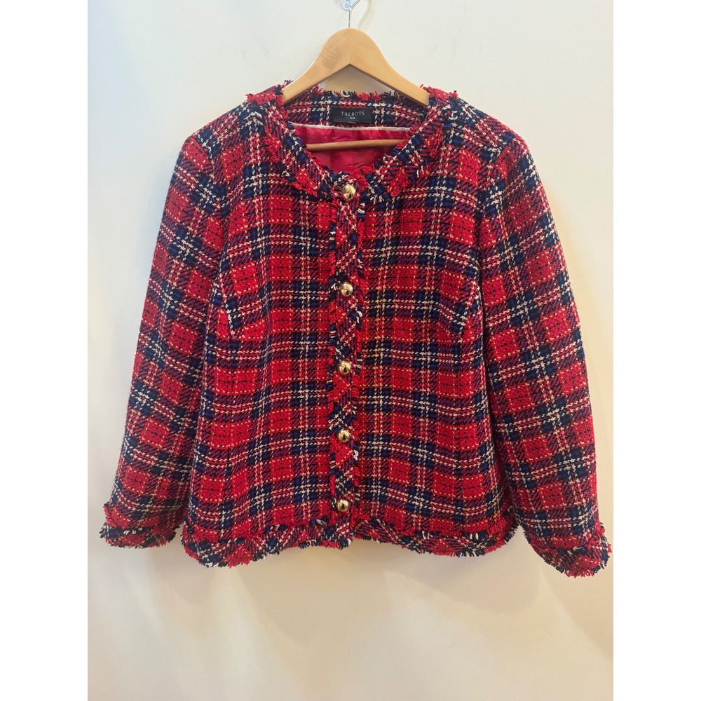Talbots Plus 18W Red Plaid Tartan Tweed Wool Blend Jacket Gold Buttons Fringe